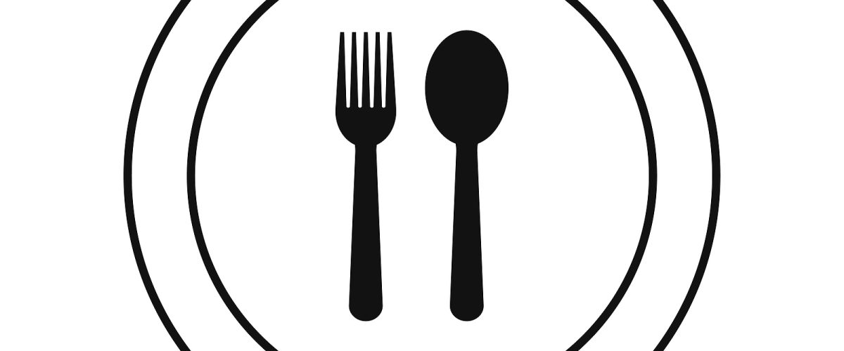 White plate with black fork and spoon icon in vector. Symbols of food, cafe or restaurant in outline. Meal and eat icon in line.